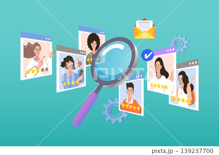 Strategic hiring process featuring a large magnifying glass choosing professional candidates from digital profiles symbolizing efficient recruitment workflow and human resource management 139237700