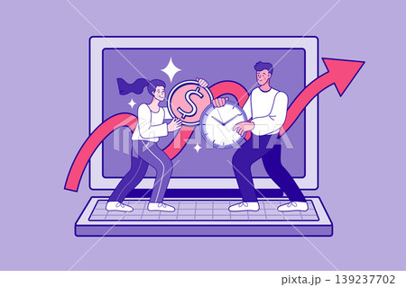 Professional characters balancing time and capital on a computer with a rising arrow graph symbolizing efficient resource allocation wealth acceleration and successful business scaling Professional characters balancing time and capital on a computer with a rising arrow graph symbolizing efficient resource allocation wealth acceleration and successful business scaling 139237702