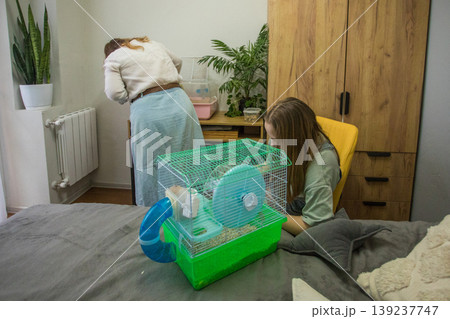 Two people are cleaning a hamster cage. One person is sitting on a bed 139237747