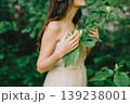 Close up of woman's hands touching green leaves in a sunny garden 139238001