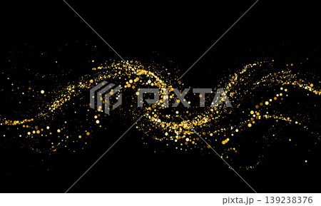Abstract background with shimmering gold particles in a wave shape on a black background 139238376