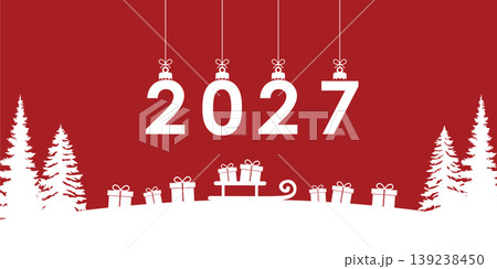christmas greeting card 2027 with gifts in winter landscape vector illustration christmas greeting card 2027 with gifts in winter landscape vector illustration 139238450