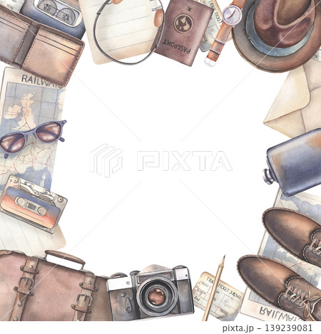 Hand-painted watercolor retro travel frame, suitcase, boots, hat, map, passport, camera, sunglasses, and more, template isolated on white for tourism branding, blog, packaging, poster, design, banner Hand-painted watercolor retro travel frame, suitcase, boots, hat, map, passport, camera, sunglasses, and more, template isolated on white for tourism branding, blog, packaging, poster, design, banner 139239081