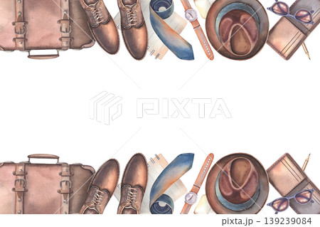 Hand-painted watercolor frame, suitcase, gentleman leather boots, tie, hat, sunglasses, watch, wallet, notebook, pencil, isolated on white. Perfect for travel, lifestyle, fashion, branding, design, ad Hand-painted watercolor frame, suitcase, gentleman leather boots, tie, hat, sunglasses, watch, wallet, notebook, pencil, isolated on white. Perfect for travel, lifestyle, fashion, branding, design, ad 139239084