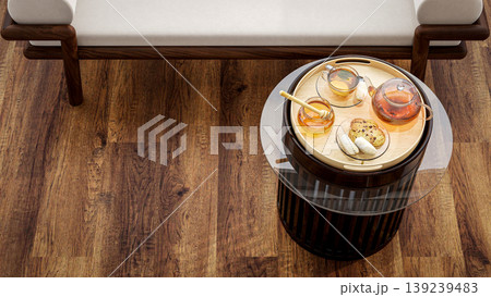Top View of Cozy Spa Tea Break with Honey and Cookies on Wooden Table, 3D Rendering Top View of Cozy Spa Tea Break with Honey and Cookies on Wooden Table, 3D Rendering 139239483