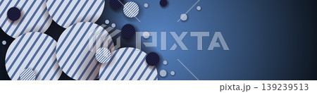 Blue geometric banner background with striped circles and copy space. Abstract vector backdrop for website header and business presentation Blue geometric banner background with striped circles and copy space. Abstract vector backdrop for website header and business presentation 139239513