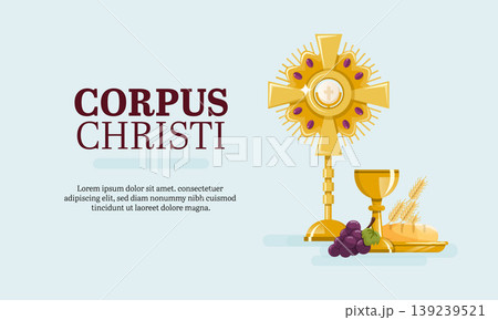 Holy communion bread and wine eucharist banner with Corpus Christi text 139239521