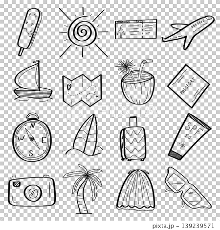Hand drawn summer travel doodle icons set with beach vacation adventure elements on a transparent background Hand drawn summer travel doodle icons set with beach vacation adventure elements on a transparent background 139239571