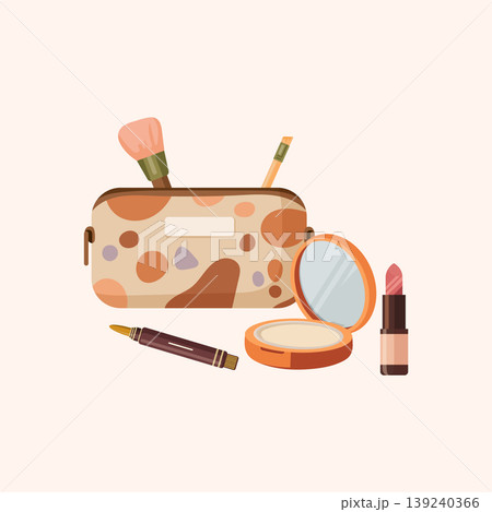 Cosmetic bag with makeup tools flat vector illustration including brush eyeliner lipstick and compact powder beauty set isolated on beige background Cosmetic bag with makeup tools flat vector illustration including brush eyeliner lipstick and compact powder beauty set isolated on beige background 139240366