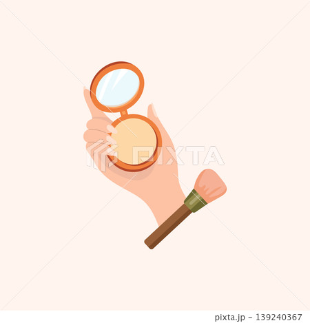Hand holding compact powder with mirror and makeup brush vector illustration beauty cosmetics concept isolated on beige background flat design elegant style Hand holding compact powder with mirror and makeup brush vector illustration beauty cosmetics concept isolated on beige background flat design elegant style 139240367