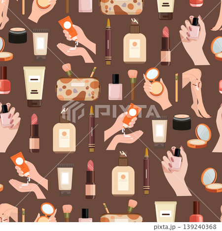 Seamless beauty pattern with cosmetics and skincare products hands applying cream lipstick nail polish brushes and bottles in soft pastel flat vector illustration Seamless beauty pattern with cosmetics and skincare products hands applying cream lipstick nail polish brushes and bottles in soft pastel flat vector illustration 139240368