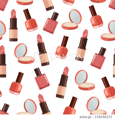 Seamless pattern with makeup cosmetics including lipstick nail polish bottles and compact powder in soft red tones on a clean background flat vector illustration 139240372