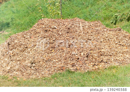 Large pile of mulch for garden. Dry grass is collected in garden. Hay for mulch is collected for use in gardening. Large pile of mulch for garden. Dry grass is collected in garden. Hay for mulch is collected for use in gardening. 139240388