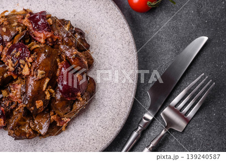 Chicken, duck, or goose liver with plums, onions, and spices. Chicken liver 139240587
