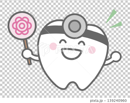 A character of a dentist holding a flower-shaped tag. 139240960