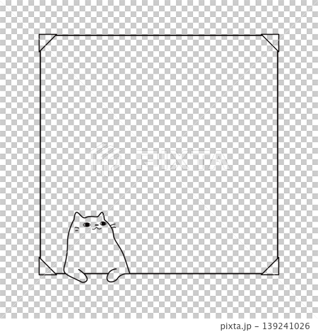 フレームから覗くネコの余白素材　かわいいシンプル線画 139241026