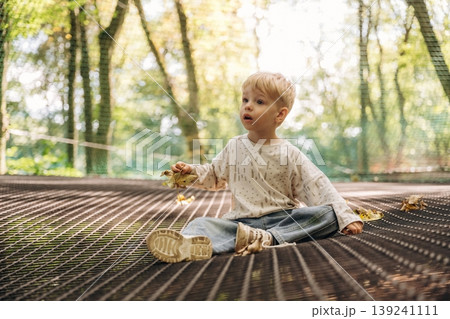Little boy is playing on the children's amusement ropes course Little boy is playing on the children's amusement ropes course 139241111