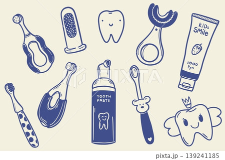 Kids dental care set with toothbrush toothpaste and oral hygiene tools in hand drawn childlike doodle style 139241185
