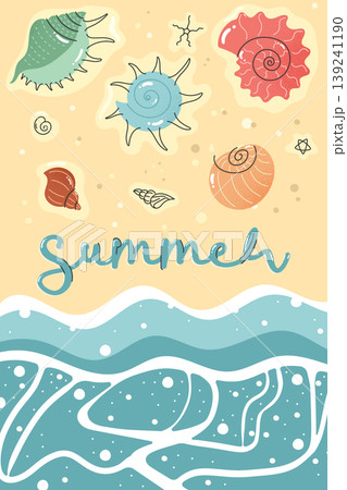 Summer poster with seashells ocean waves and beach elements in hand drawn doodle style Summer poster with seashells ocean waves and beach elements in hand drawn doodle style 139241190