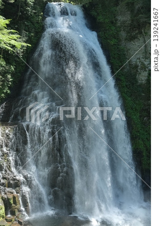 新緑の渓谷に流れ落ちる巨大な滝・瑞々しい若葉と迫力ある水流の初夏風景 新緑の渓谷に流れ落ちる巨大な滝・瑞々しい若葉と迫力ある水流の初夏風景 139241667