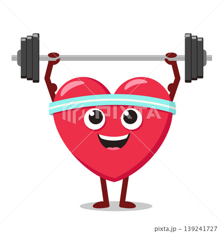 Healthy heart lifts a barbell and smiles close-up on a white background. Character Healthy heart lifts a barbell and smiles close-up on a white background. Character 139241727