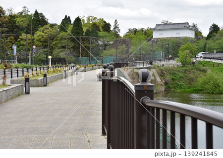 三重県　亀山城跡の池の側（外堀）沿い遊歩道と旧亀山城多聞櫓と新緑 139241845