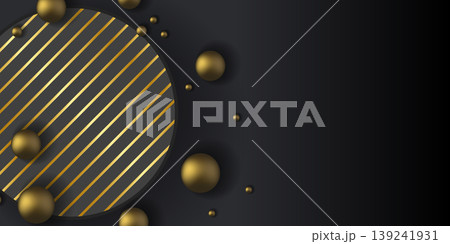 Luxury black and gold abstract background with 3D spheres. Premium dark geometric banner with copy space for business and elegant design Luxury black and gold abstract background with 3D spheres. Premium dark geometric banner with copy space for business and elegant design 139241931