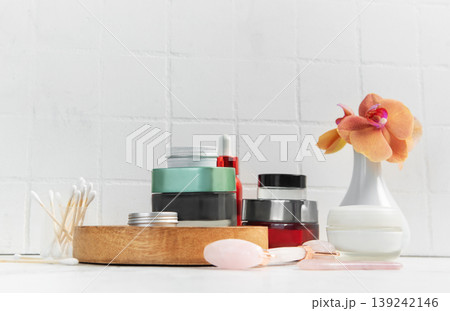 Skincare products, facial roller, gua sha beauty routine 139242146
