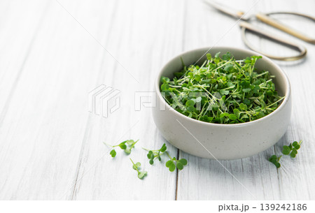 Fresh green microgreens in bowl with kitchen scissors 139242186