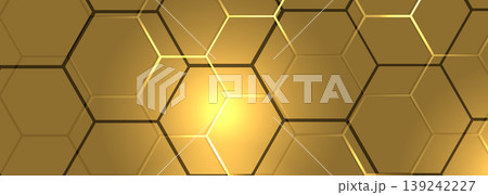 Hexagon technology gold colored honeycomb wide abstract background. 139242227