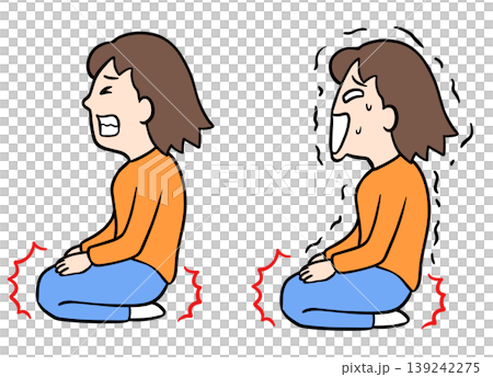 一幅插圖描繪了一位女性因正坐姿勢而雙腿麻木，她已達到極限，顫抖著拼命忍耐。 139242275