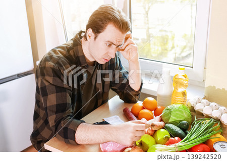 Stressed man reviewing a long receipt, hit by high food prices and inflation. The economic crisis shows in sharp price increases for daily groceries and essentials. Stressed man reviewing a long receipt, hit by high food prices and inflation. The economic crisis shows in sharp price increases for daily groceries and essentials. 139242520