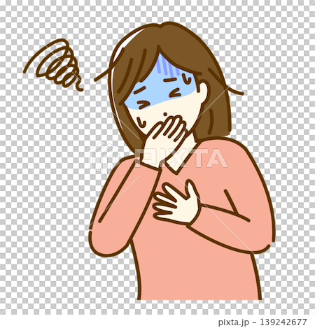 An illustration of a woman who feels sick and about to vomit. 139242677