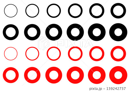 色々な線の太さの丸のイラスト(黒と赤) 色々な線の太さの丸のイラスト(黒と赤) 139242737