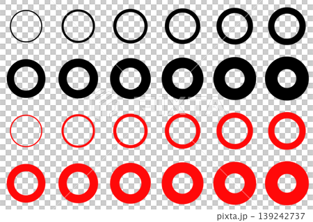 色々な線の太さの丸のイラスト(黒と赤) 色々な線の太さの丸のイラスト(黒と赤) 139242737