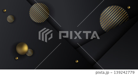 Luxury black and gold abstract background with 3D spheres. Premium dark geometric banner with copy space for business and elegant design Luxury black and gold abstract background with 3D spheres. Premium dark geometric banner with copy space for business and elegant design 139242779