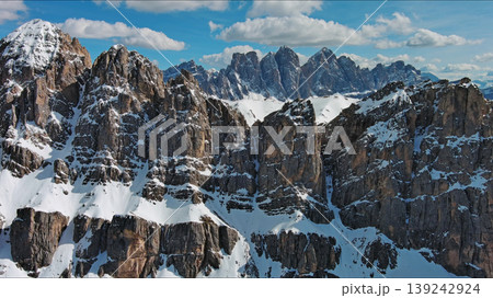 Majestic rocky mountains in snow Alps Dolomites Majestic rocky mountains in snow Alps Dolomites 139242924