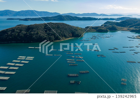 岡山県牛窓の海に浮かぶ牡蠣いかだと養殖風景 ドローン空撮 139242965