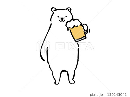 ビールを飲むクマの手描きイラスト　シロクマ　ビール　乾杯 139243041