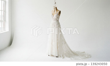 Elegant white wedding dress with intricate lace detail and long train displayed on a mannequin bridal gown formal wear a line empire waist fit and flare mannequin special occasion ceremony 139243050