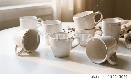 Set of rustic ceramic mugs with coffee beans scattered on a light-colored table coffee cups hot drink mug collection kitchenware drinkware beverage breakfast restaurant espresso cappuccino 139243051