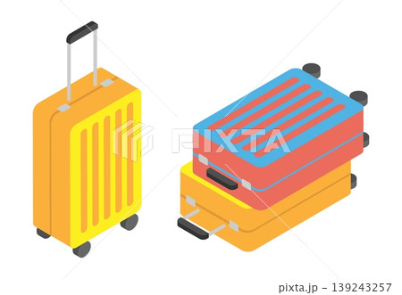 Isometric set of brightly colored travel suitcases on wheels for packing luggage. Cartoon 3D vector concept on blue pink background Isometric set of brightly colored travel suitcases on wheels for packing luggage. Cartoon 3D vector concept on blue pink background 139243257