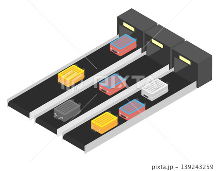 Isometric travel suitcases move along a conveyor belt toward scanners in the airport security area. Cartoon 3D vector concept on blue pink background 139243259