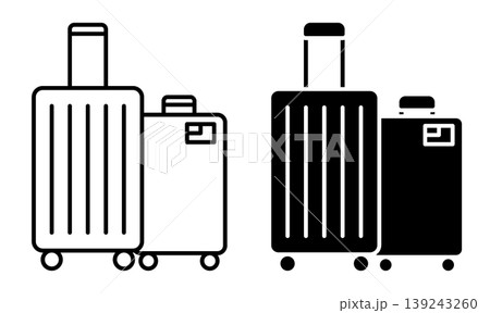 Linear icon. Pair of travel suitcases on wheels with a telescopic handle. Simple black and white vector symbol isolated on white background 139243260