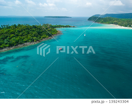 Idyllic tropical beach with a leaning palm tree and clear blue summer sky. Idyllic tropical beach with a leaning palm tree and clear blue summer sky. 139243304