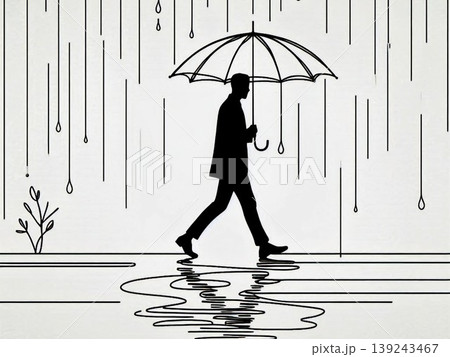 雨の街を歩く男性 一筆書き ビジネス・ライフスタイル シンプル線画 139243467