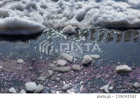 Melting ice and slushy snow on asphalt road. Spring thaw with puddles and wet ground. Seasonal transition from winter to spring nature climate changes. Sunlight reflecting on water. 139243582