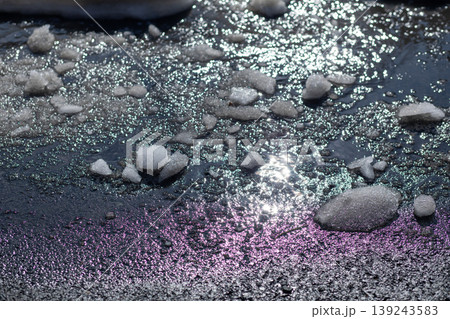 Melting ice and slushy snow on asphalt road. Spring thaw with puddles and wet ground. Seasonal transition from winter to spring nature climate changes. Sunlight reflecting on water. Melting ice and slushy snow on asphalt road. Spring thaw with puddles and wet ground. Seasonal transition from winter to spring nature climate changes. Sunlight reflecting on water. 139243583