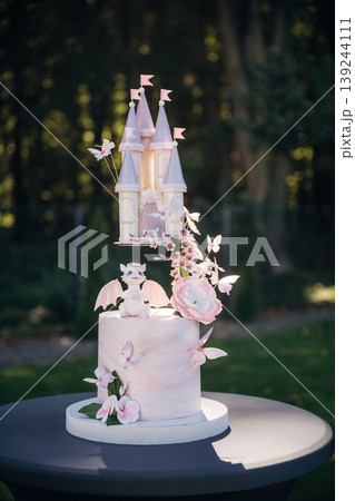 Beautiful birthday cake with dragon and castle, delicious meal, natural lighting 139244111