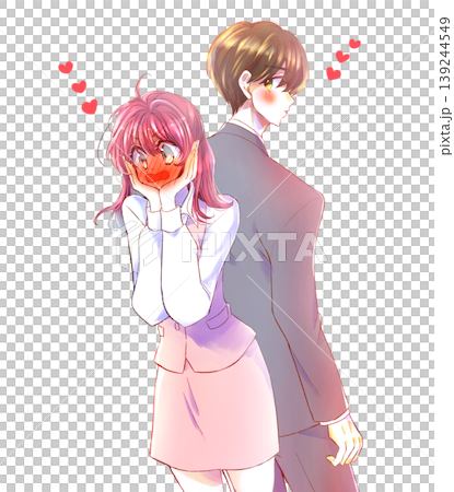 A man and woman in love, back to back; office workers; blushing. A man and woman in love, back to back; office workers; blushing. 139244549